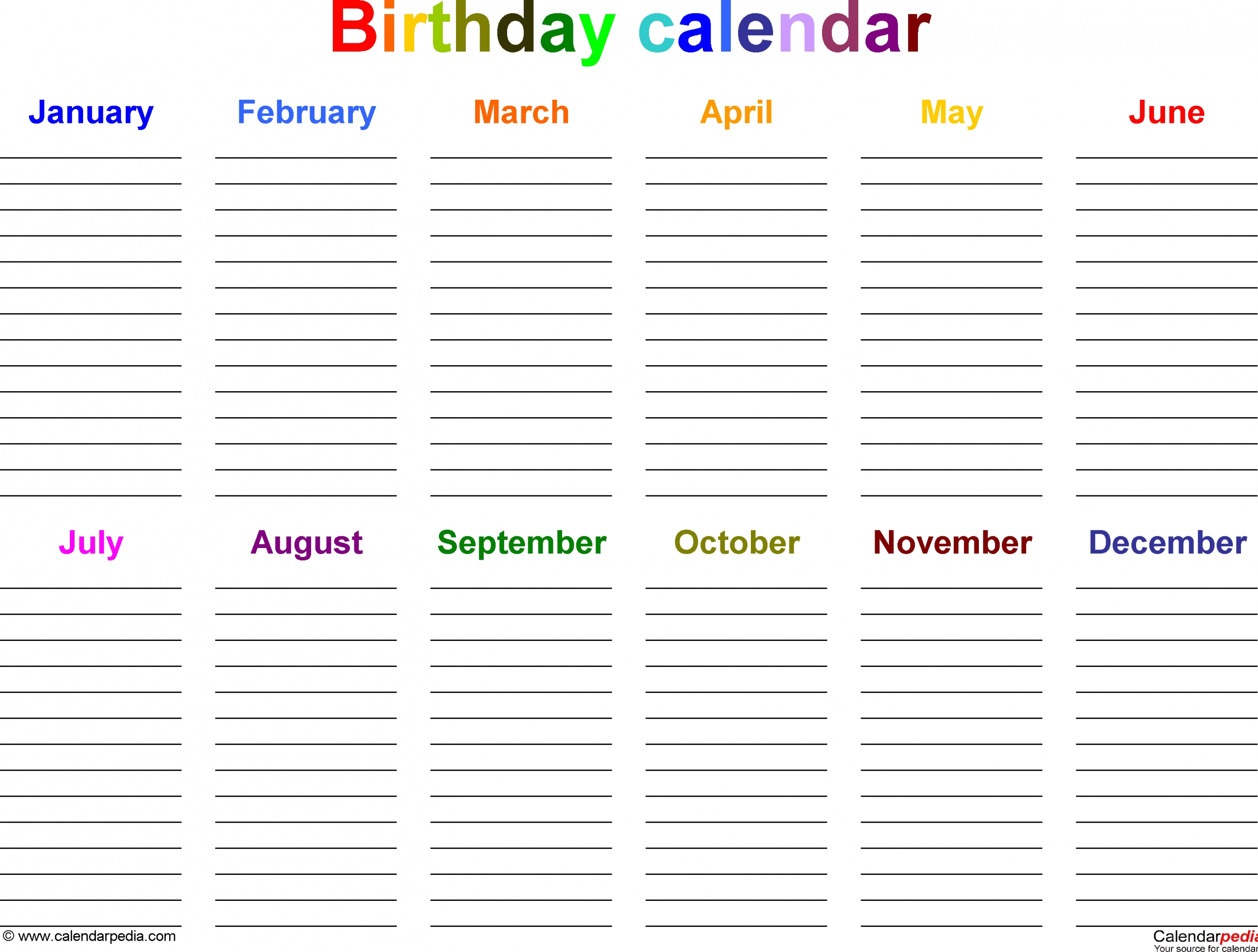 Excel Template For Birthday Calendar In Color (Landscape Orientation with regard to Free Printable Birthday Calendar Template