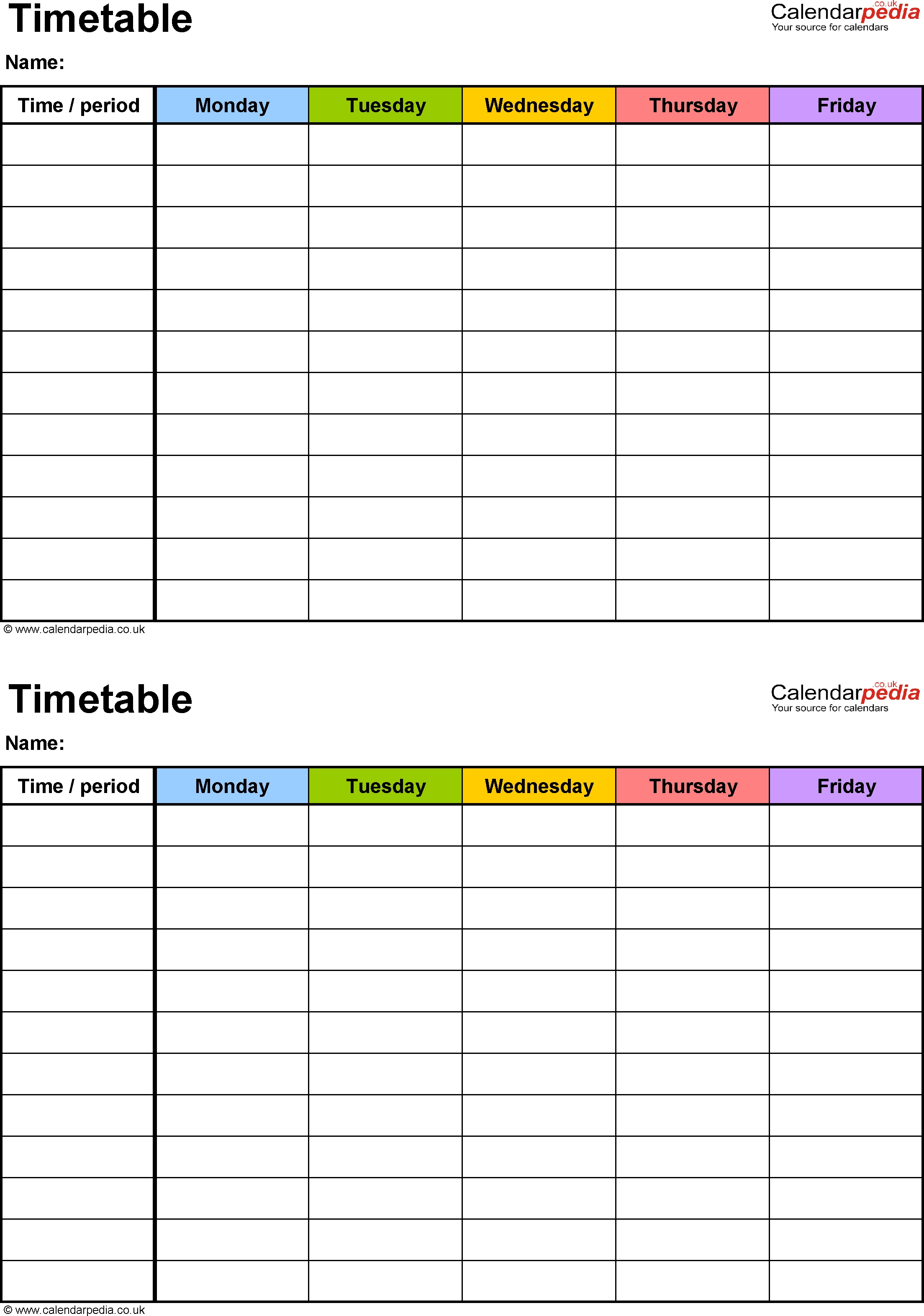 Excel Timetable Template 6: 2 A5 Timetables On One Page, Portrait in 5 Day Monthly Calendar Printable Free