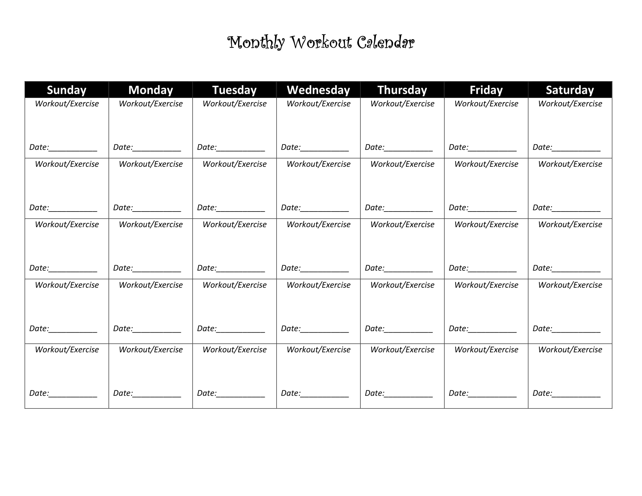 Exercise Calendar with regard to Printable Fill In Lifting Scedual