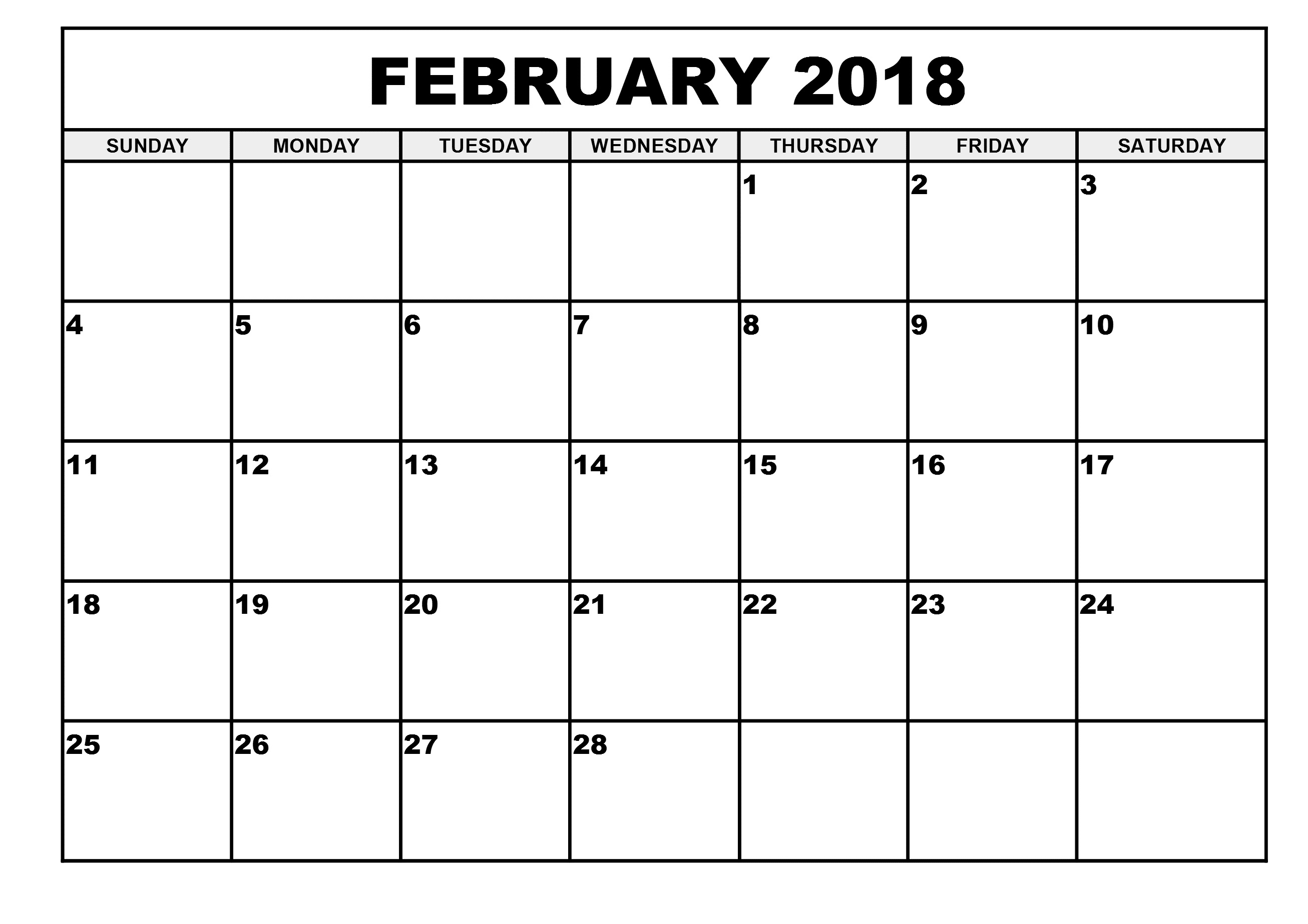 February 2018 Blank Printable Calendar February 2018 Calendar inside Full Size Blank Printable Calendar