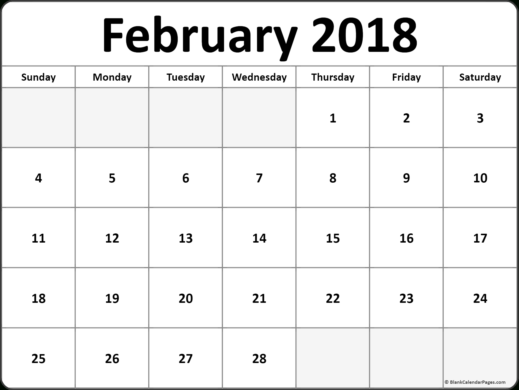February 2018 Monthly Calendar Printout #printable #february for Full Size Blank Printable Calendar