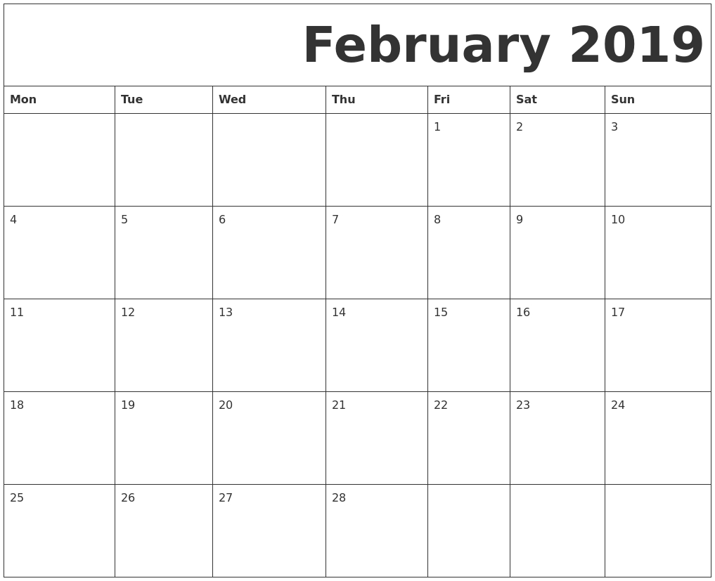 February 2019 Free Printable Calendar throughout Monday - Sunday Calendar Template