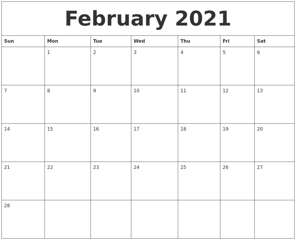 February 2021 Blank Monthly Calendar Template throughout Template For Calendar By Month