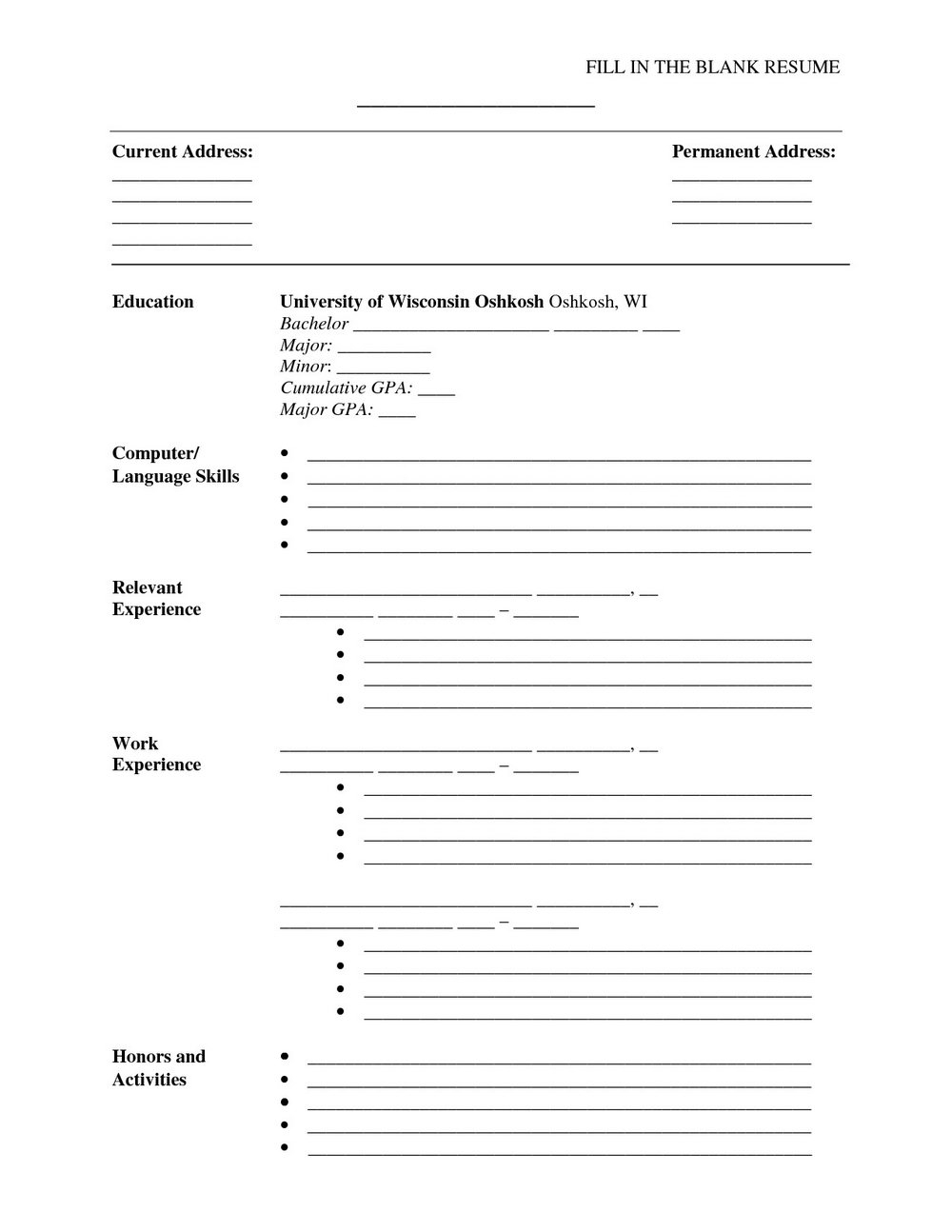 Fill In The Blank Resume Template For Highschool Students | Mbm Legal regarding Fill In The Blank Template