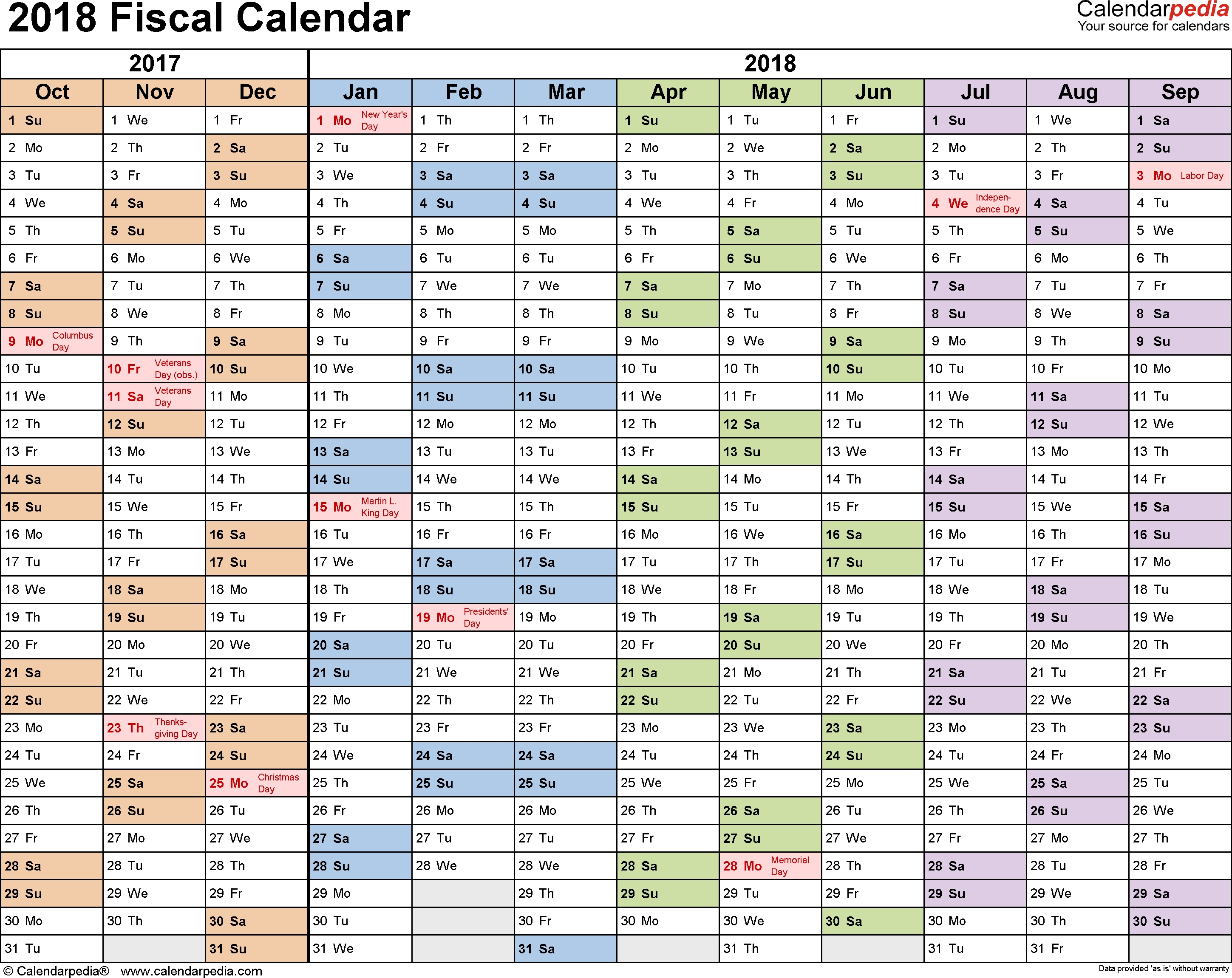 Fiscal Calendars 2018 As Free Printable Pdf Templates inside Calendar Year Vs Fiscal Year