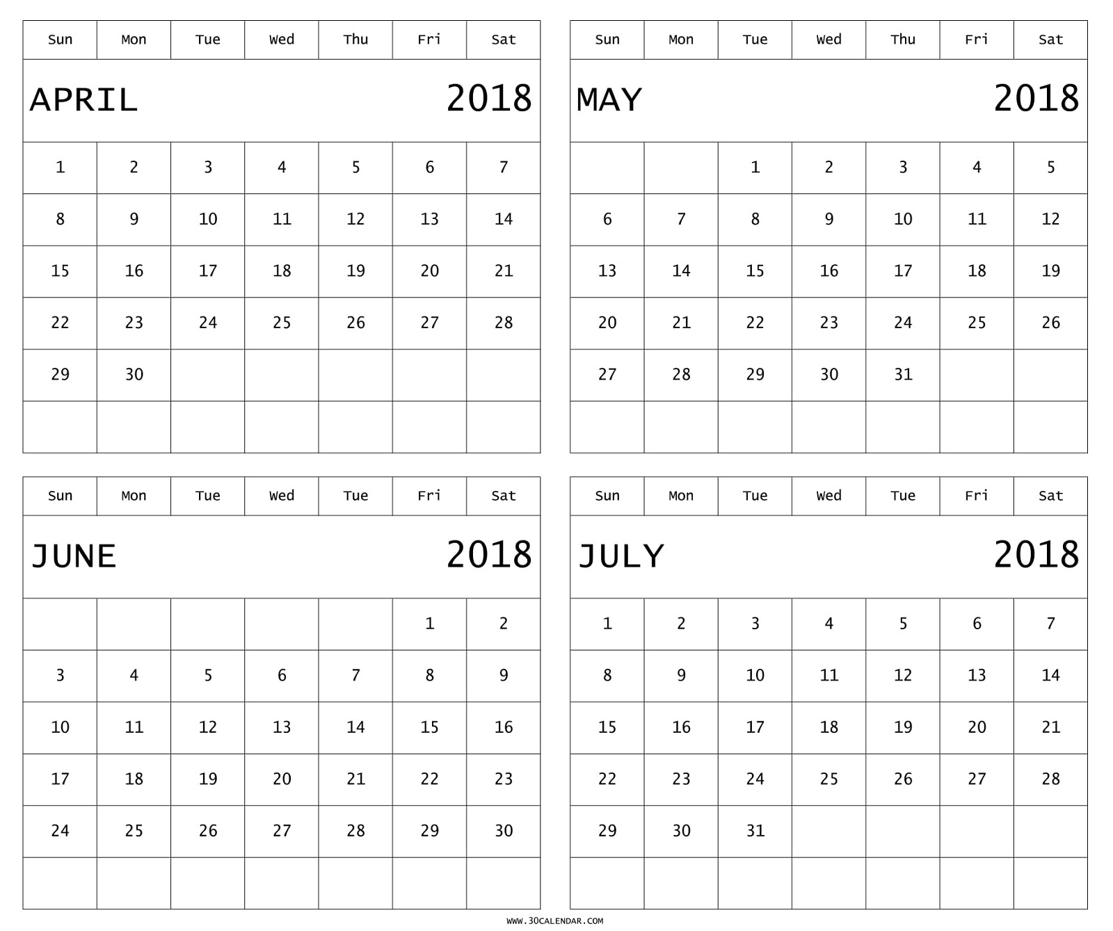Four Month Calendar April To July 2018 Blank Printable Template throughout June And July Month Calendar