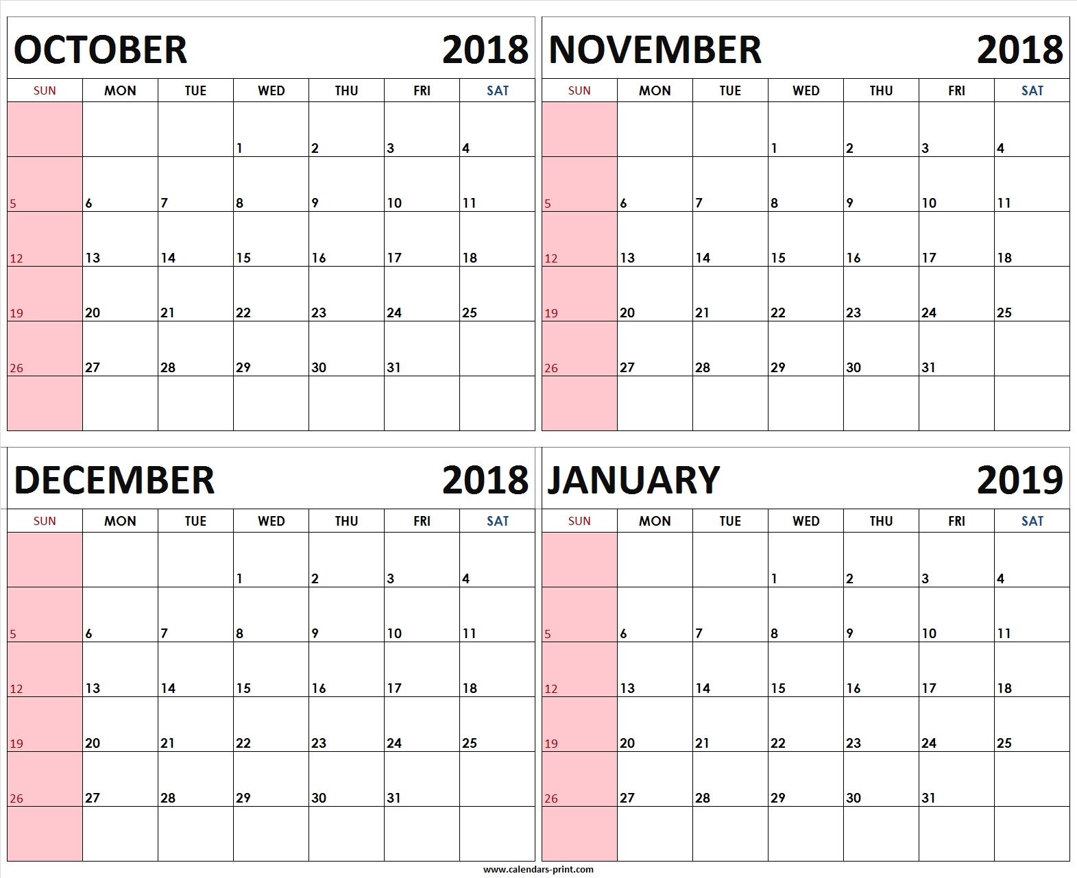 Four Monthly October November December 2018 January 2019 Calendar inside Print Calendar For October November December