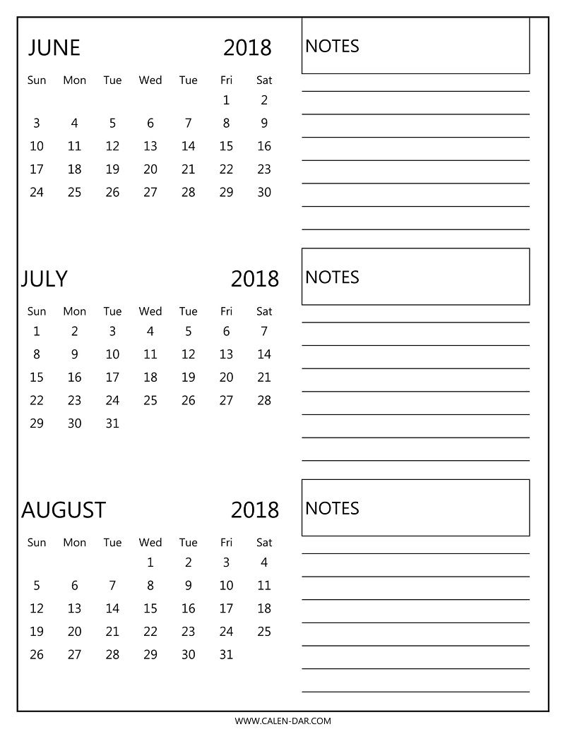 Free 3 Monthly Calendar 2018 June July August Print | 2018 Calendar in Print Month Of June And July