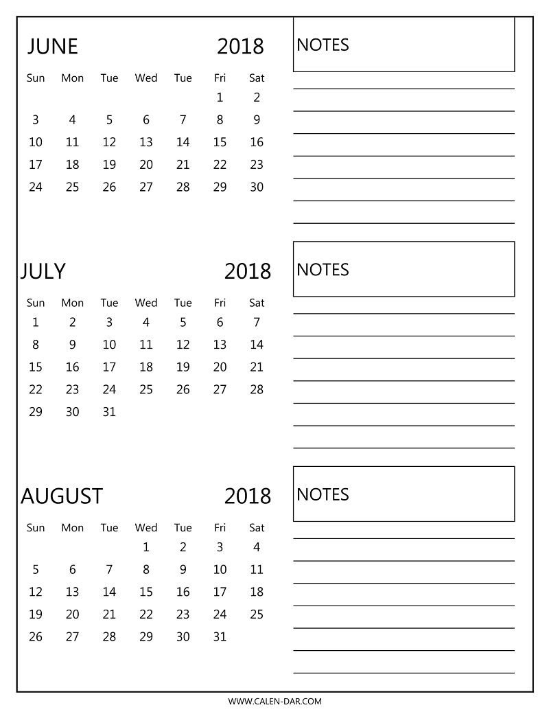 Free 3 Monthly Calendar 2018 June July August Print | 2018 Calendar pertaining to June And July Monthly Calendar