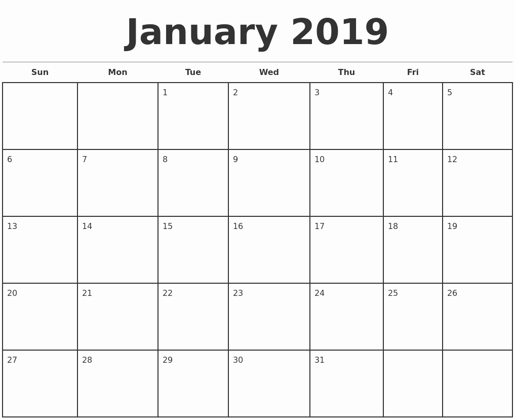 Free Blank Calendar Printable 2019 2019 Monthly Calendar Template throughout Blank Monthly Calendar To Download Free