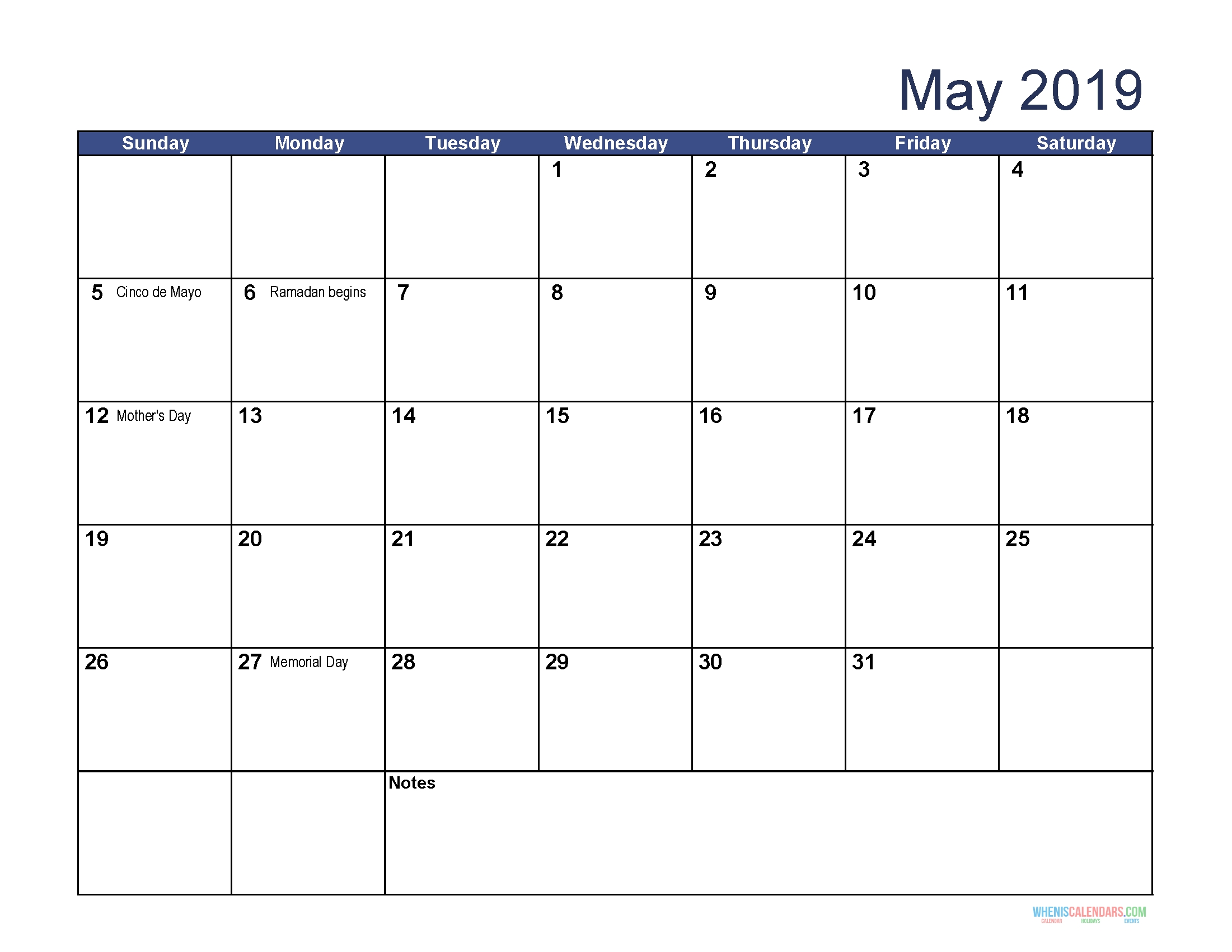 Free Download Printable May 2019 Calendar With Holidays | Free with Free Monthly Calendar To Edit