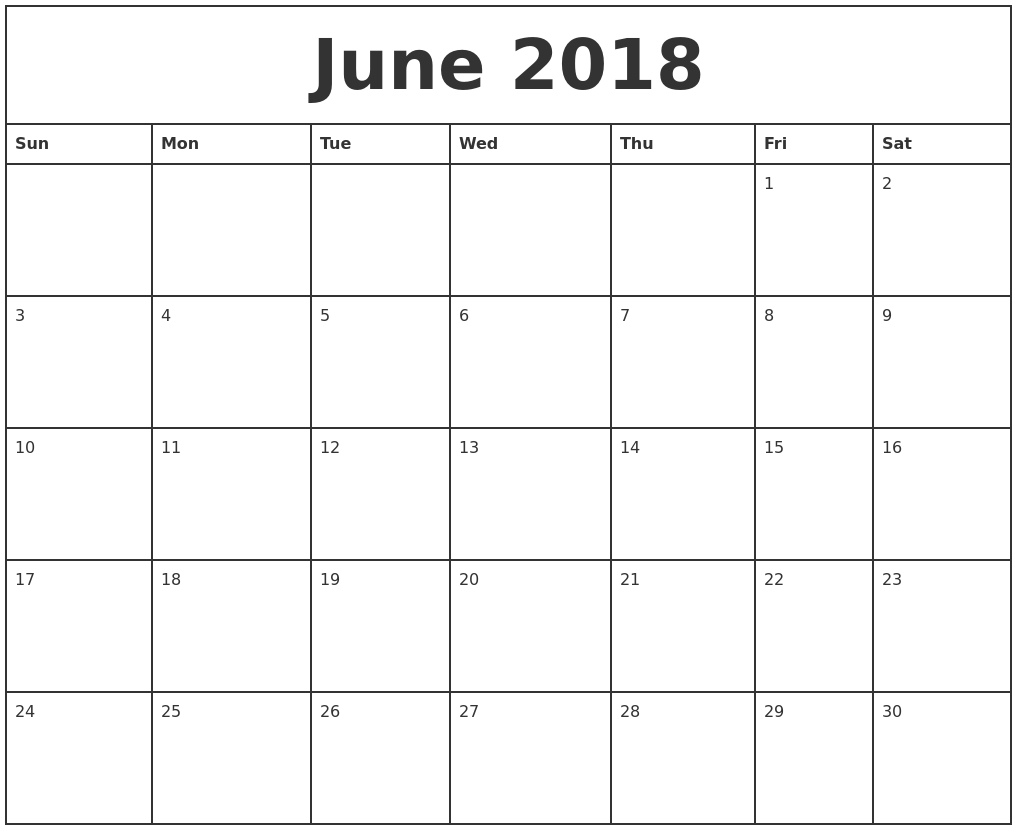 Free June 2018 Calendar Printable Blank Templates - Word Pdf intended for Basic Monthly Calendar For Editing