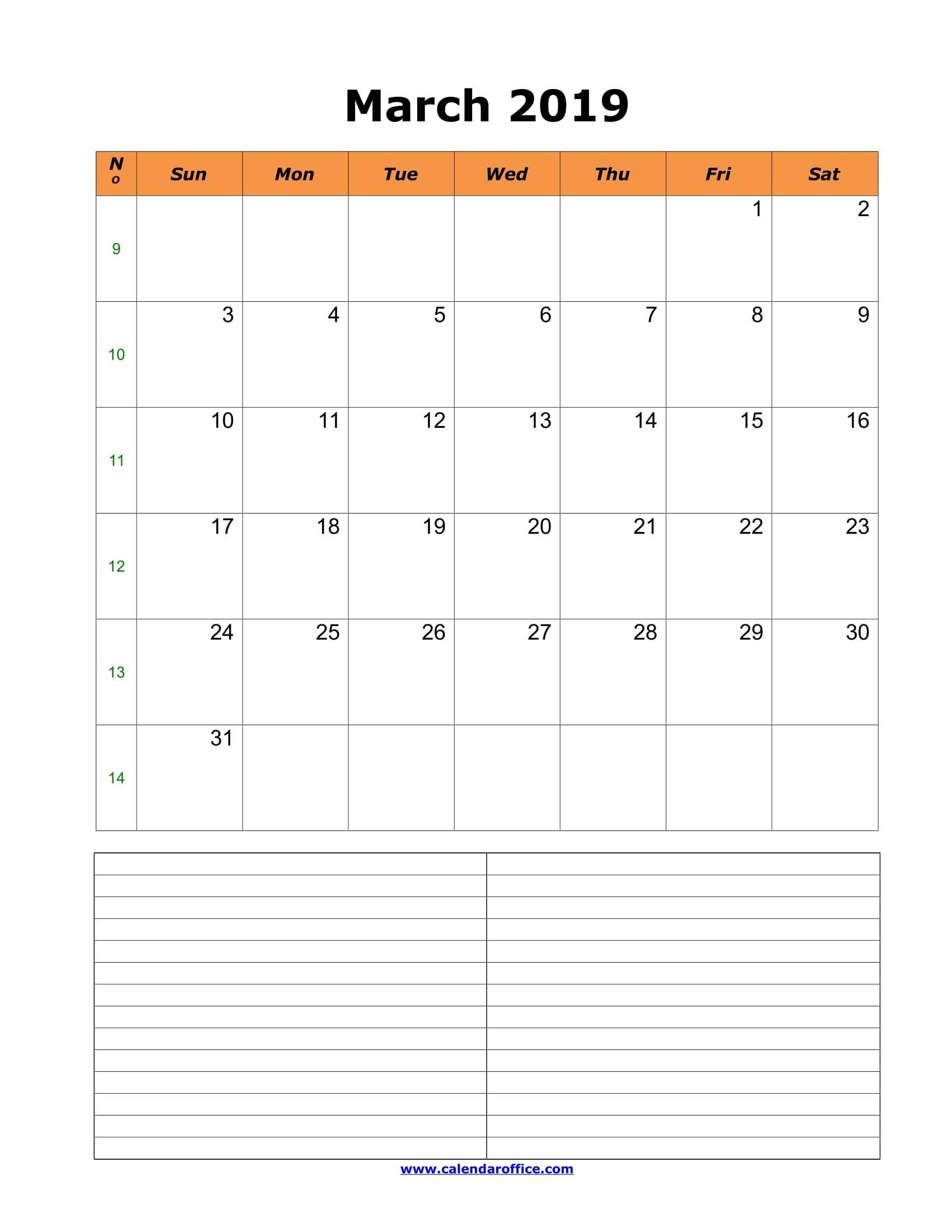 Free March 2019 Calendar Printable Blank Templates - Pdf Word throughout Blank Calendar Template With Notes