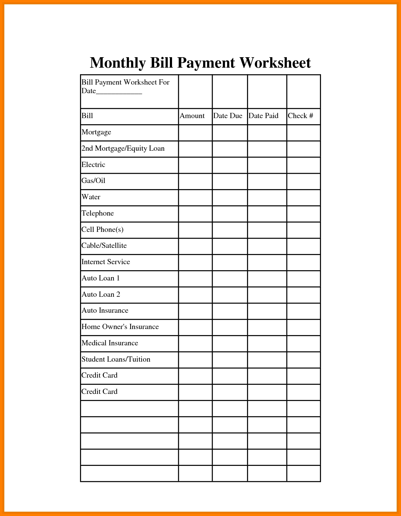 Free Monthly Bill Payment Sheet | Template Calendar Printable intended for Blank Monthly Bill Payment Sheet