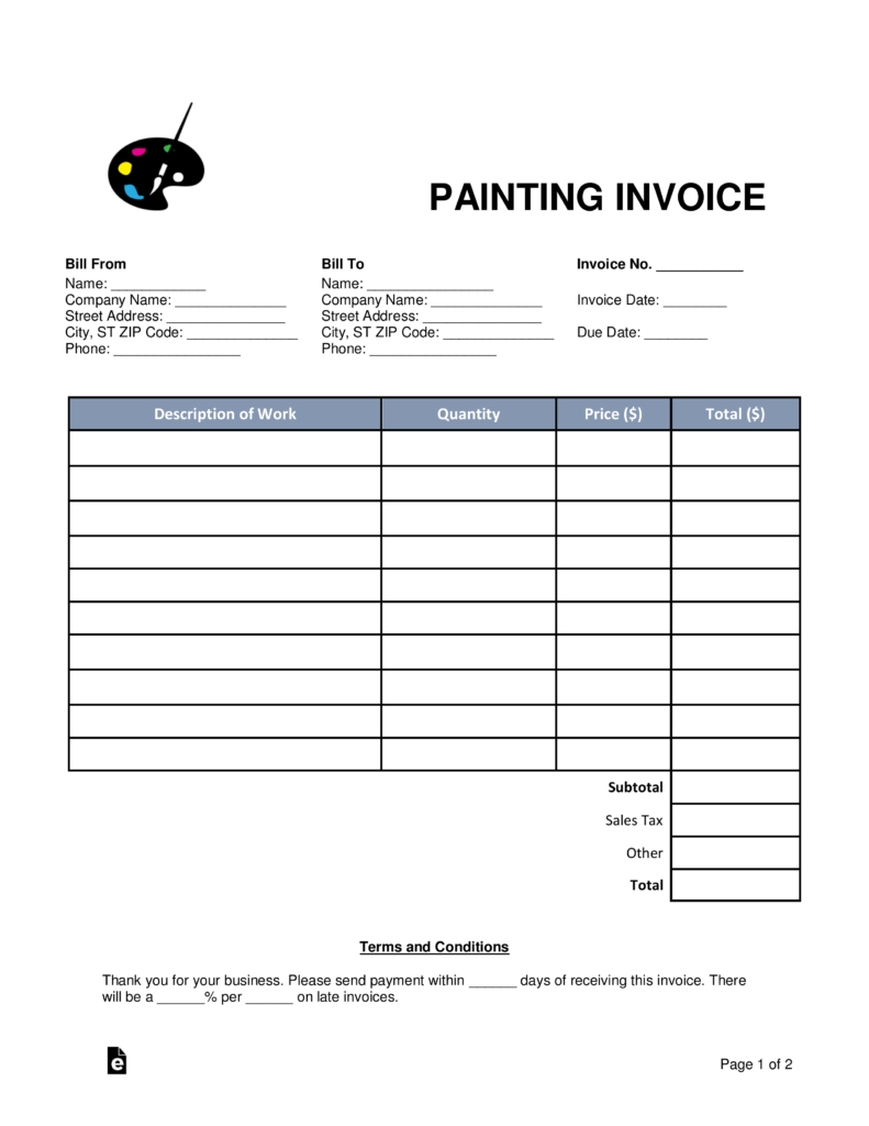 Free Painting Invoice Template - Word | Pdf | Eforms – Free Fillable for Paint Proposal Template Word Doc