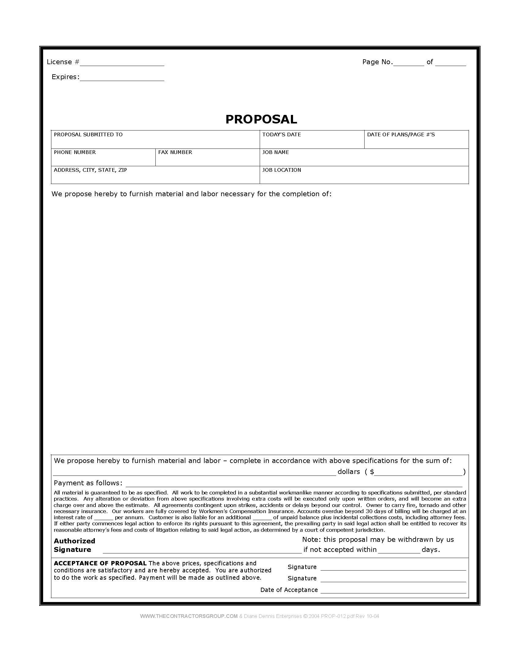 Free Print Contractor Proposal Forms | Construction Proposal Form for Paint Proposal Template Word Doc