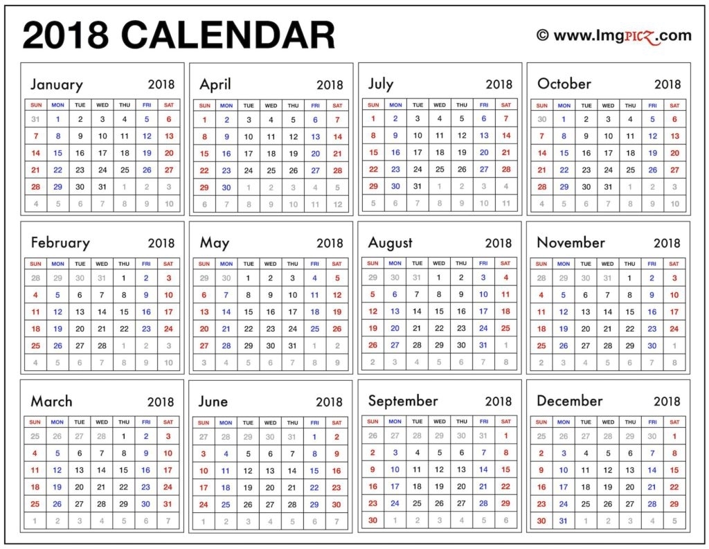 Free Printable 2018 Calendar One Page Year At A Glance – Printable within Year At A Glance Free