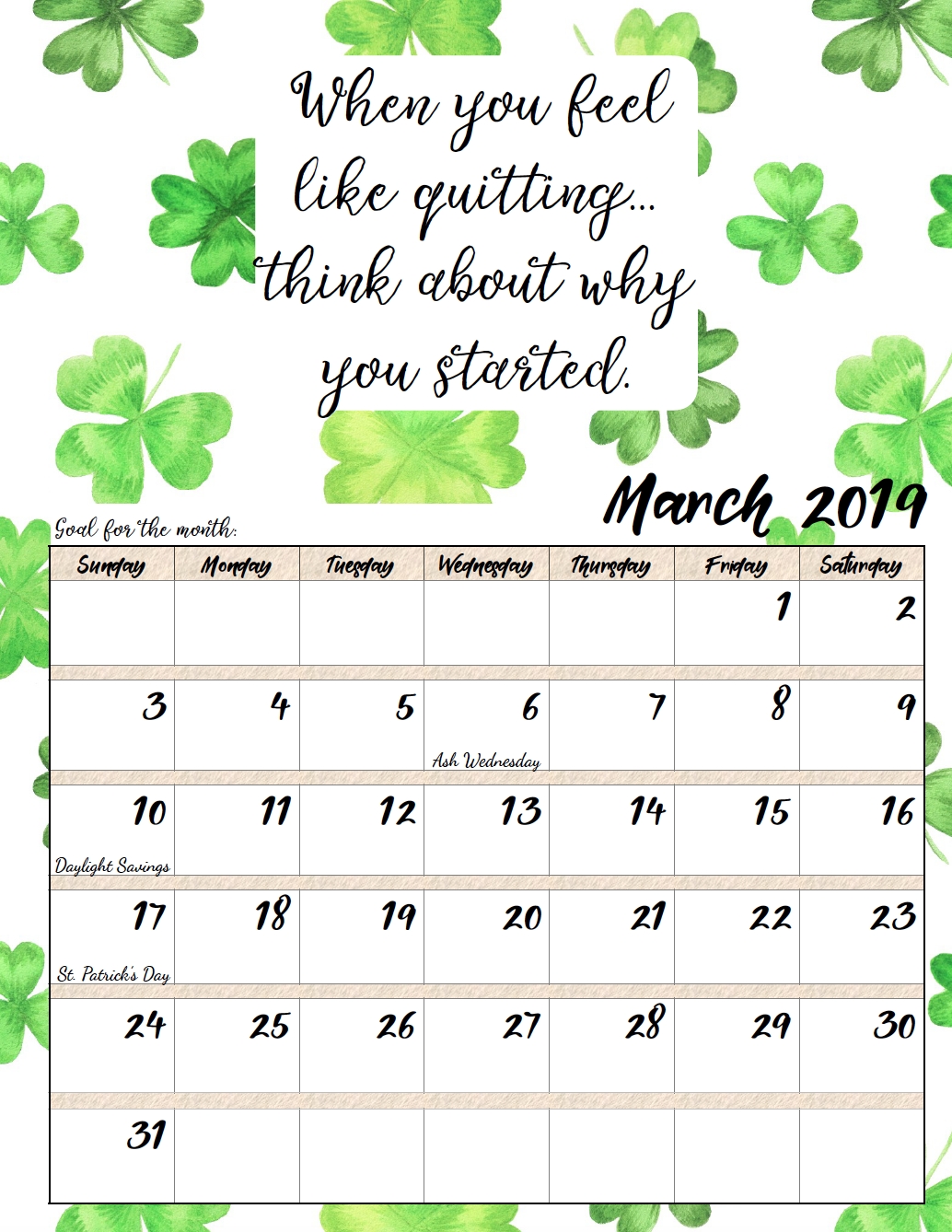 Free Printable 2019 Monthly Motivational Calendars | Morning Prayers in March Childrens Calendar Watercolor Png