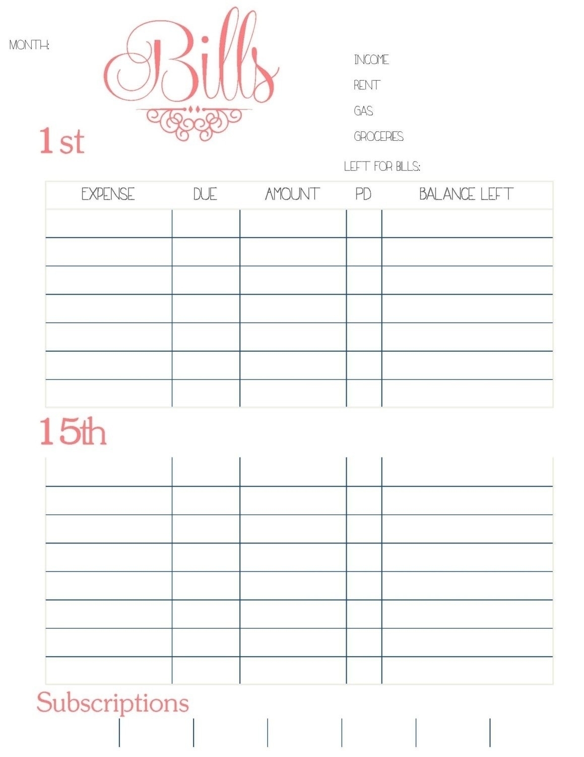 Free Printable Bill Payment Schedule Blank Paying Chart 2018 - Free regarding Free Printable Monthly Bill Chart