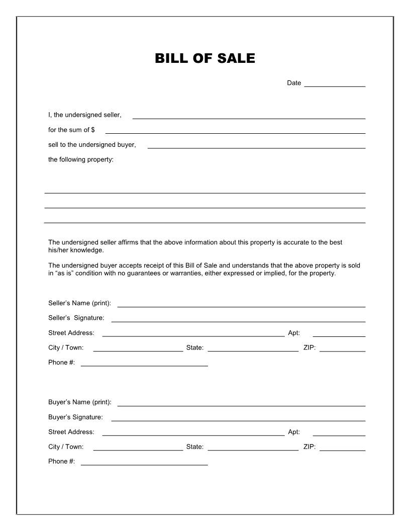 Free Printable Blank Bill Of Sale Form Template - As Is Bill Of Sale intended for Template For Bills To Print