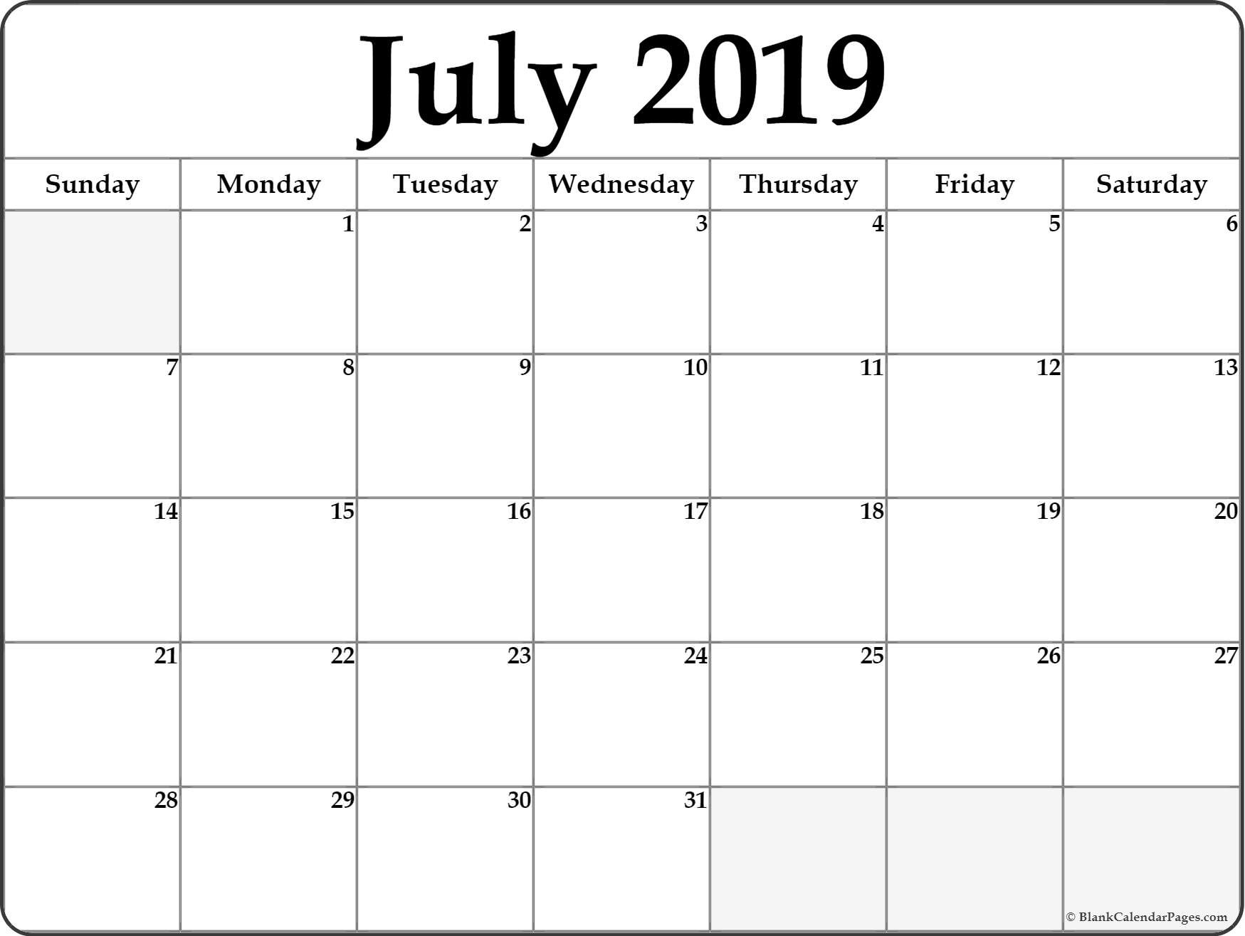 Free Printable Blank Monthly Calendar 2019 July 2019 Blank Calendar with Fill In Monthly Calendar Printable