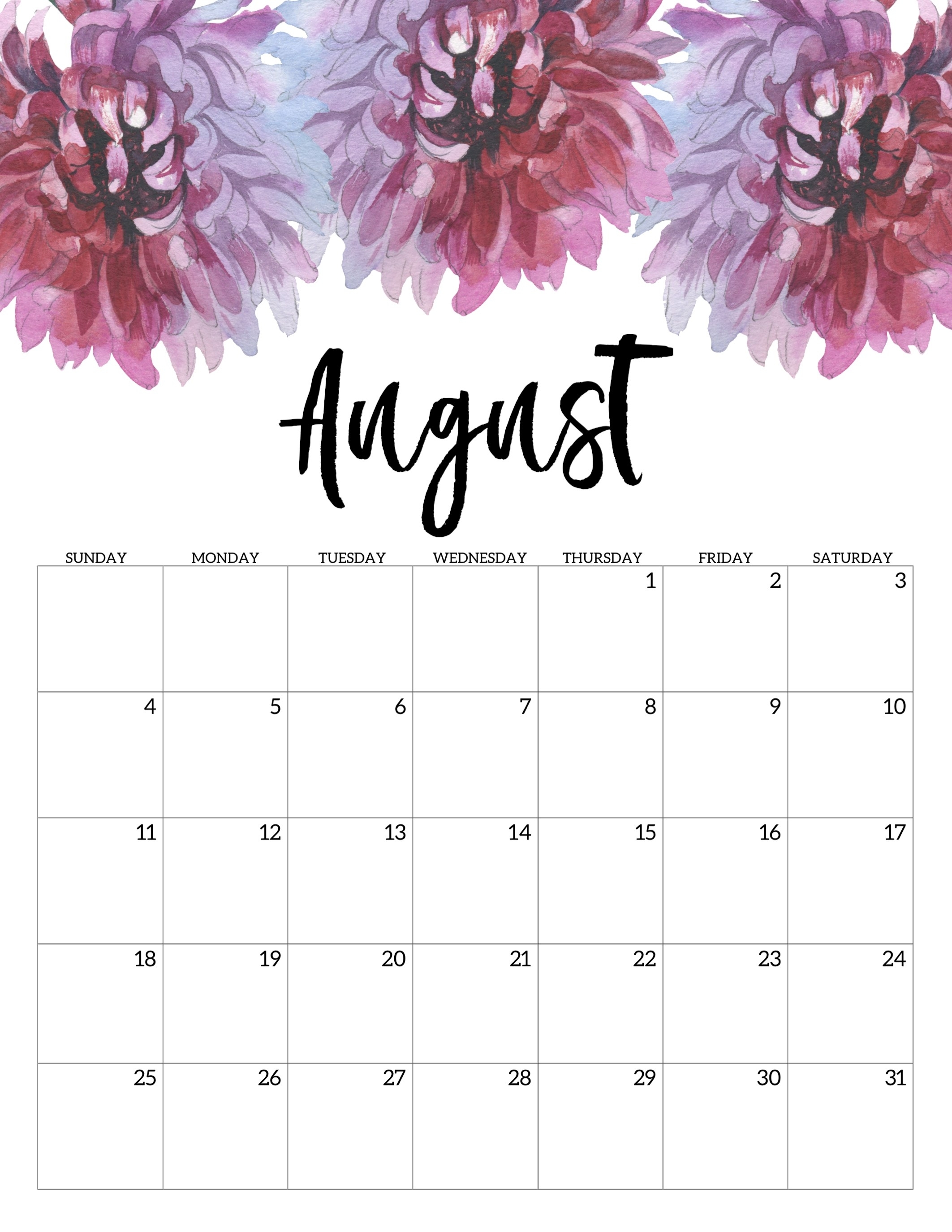 Free Printable Calendar 2019 - Floral - Paper Trail Design inside Monthly Calendar Watercolor Floral Printable
