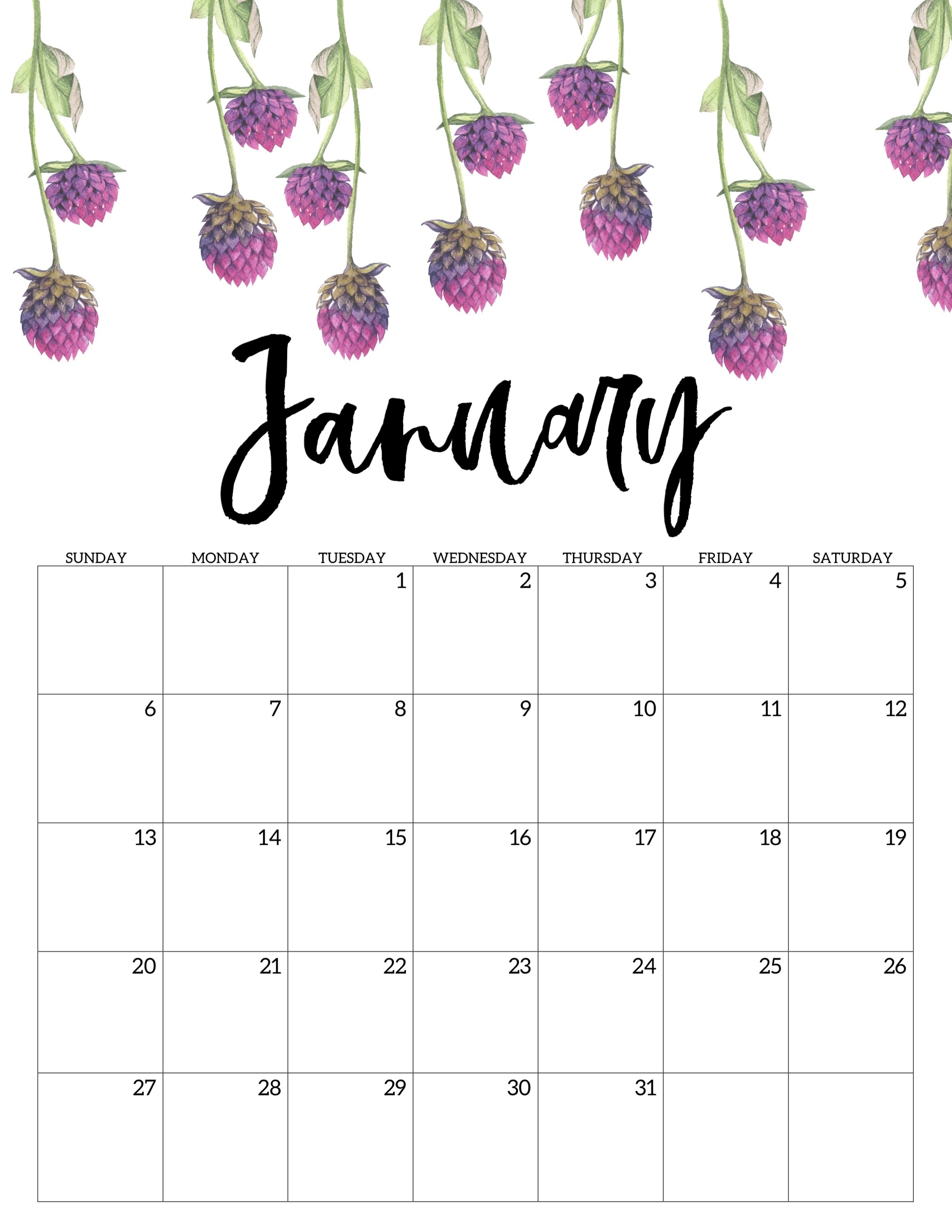 Free Printable Calendar 2019 - Floral - Paper Trail Design with Monthly Calendar Watercolor Floral Printable