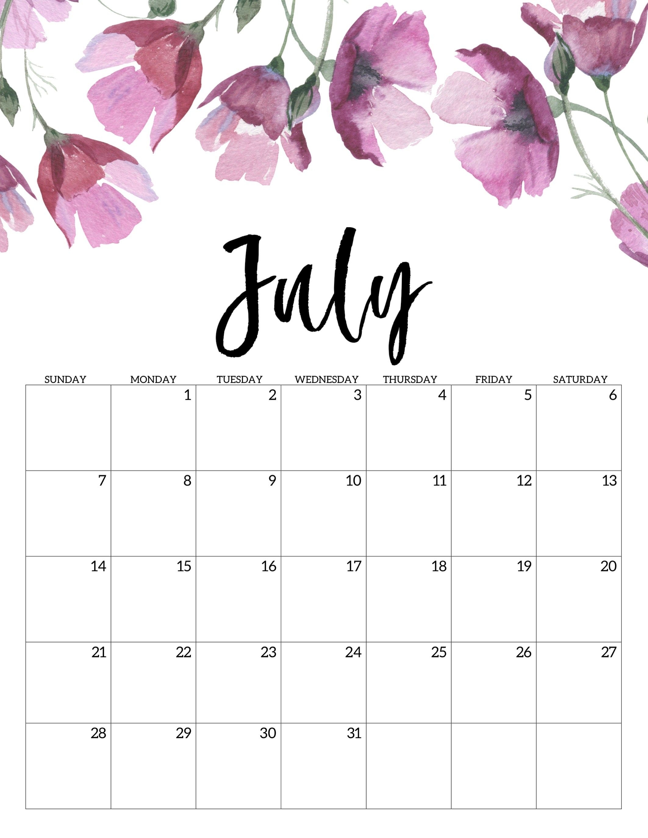 Free Printable Calendar 2019 - Floral | Printables | Free Printable pertaining to Monthly Calendar Watercolor Floral Printable