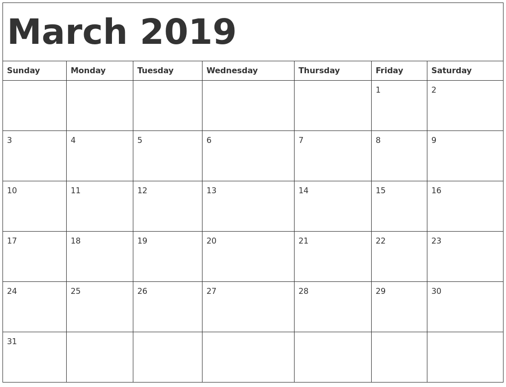 Free Printable Calendar March 2019 Pdf - Printable Calendar Templates throughout Numbers Free Printable Calendar For August