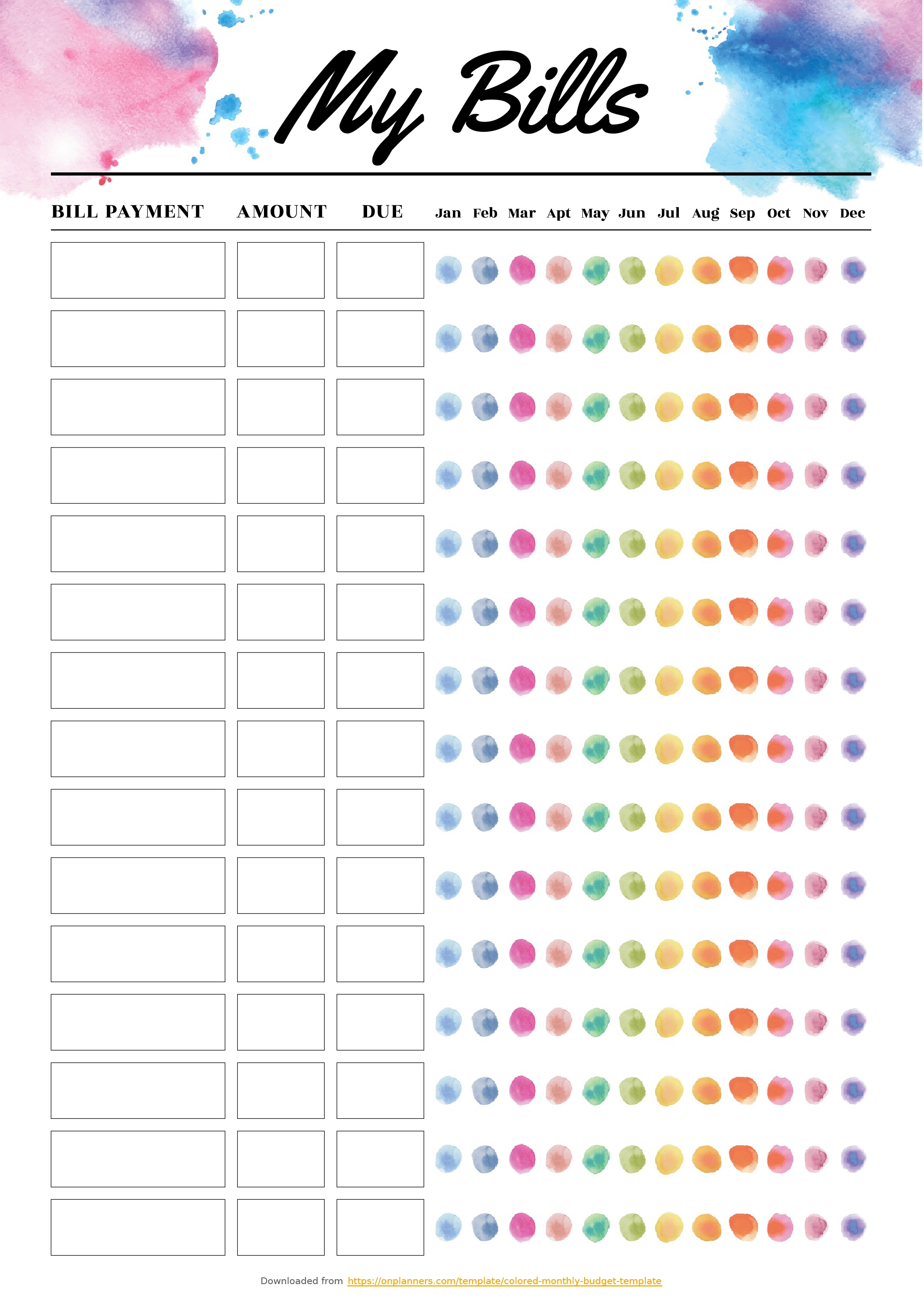 Blank Bill Calendar Printable Colorful