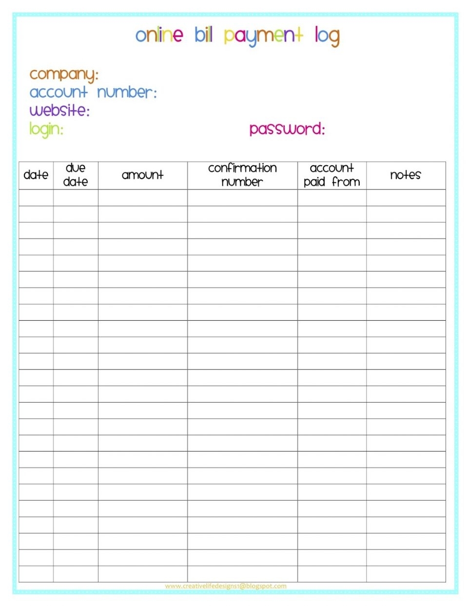 Monthly Bill Payment Blank Worksheet