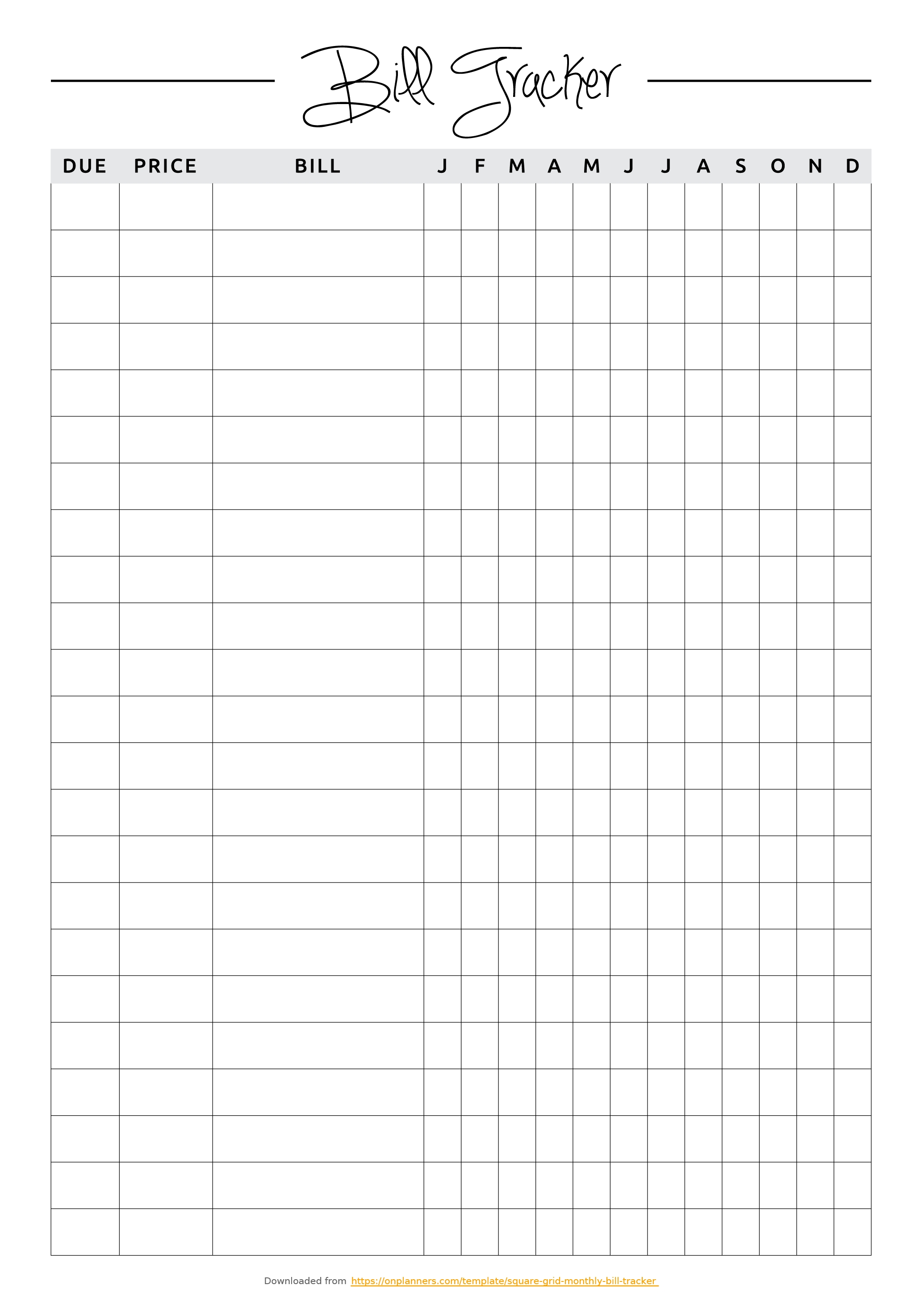 Free Printable Square Grid Monthly Bill Tracker Pdf Download pertaining to Free Printable Monthly Bill Tracker