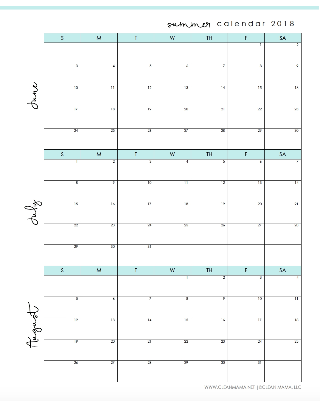 Free Printable : Summer 2018 Calendar - Clean Mama with regard to Blank 12 Month Seasonal Calendar