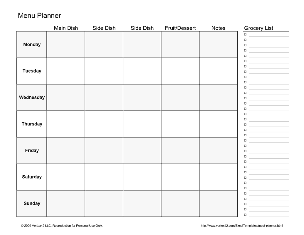 Free Printable Weekly Menu Planner (Pdf) From Vertex42 | Healthy with regard to Calendar Weekly Menu Print Outs