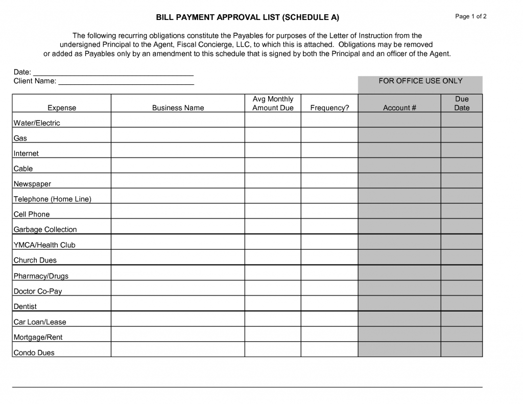 examples of bills to pay