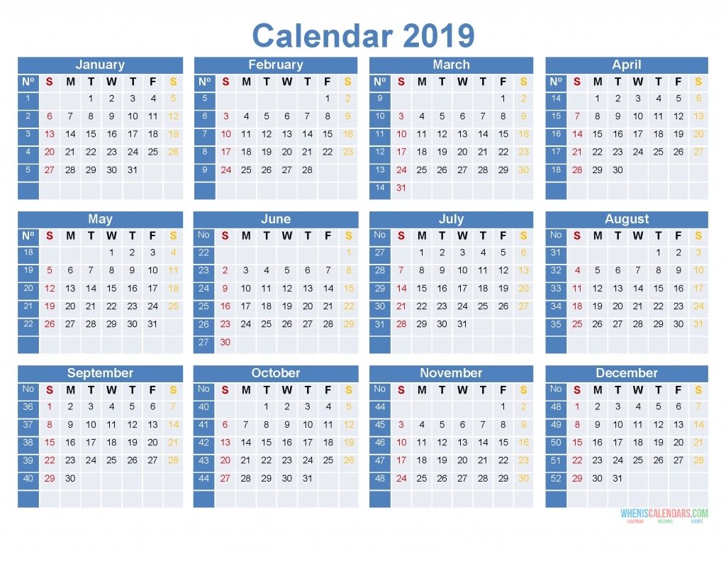 Full Year Calendar 2019 Printable 12 Month On 1 Page [ Us Edition in 12 Month Calendar To Print