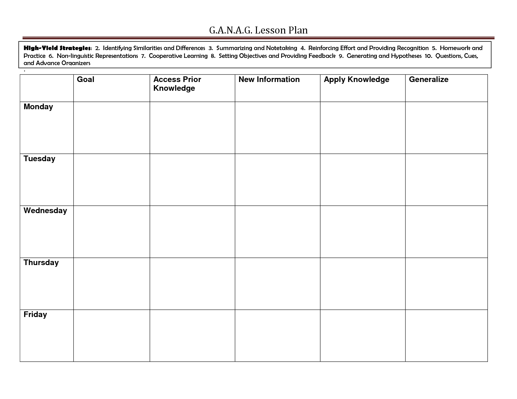 Ganag Template Days Across The Top | Ganag | Special Education in Speech Language Lesson Plan Template