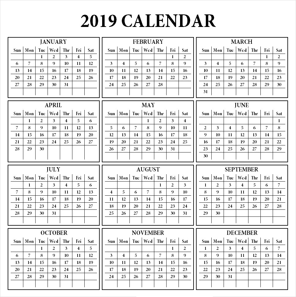 Get 12 Month One Page Calendar Template For 2019 in Blank 12 Month Calendar Printable