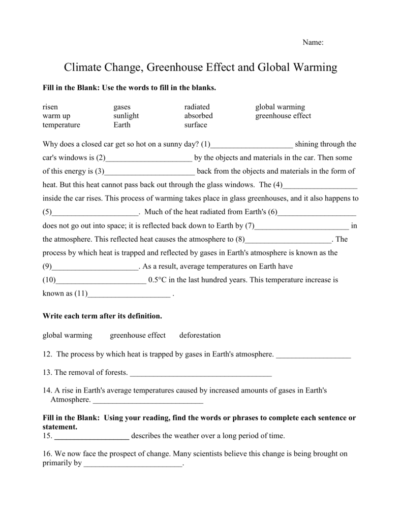 Global Warming Questions throughout Fill In The Blank Long A