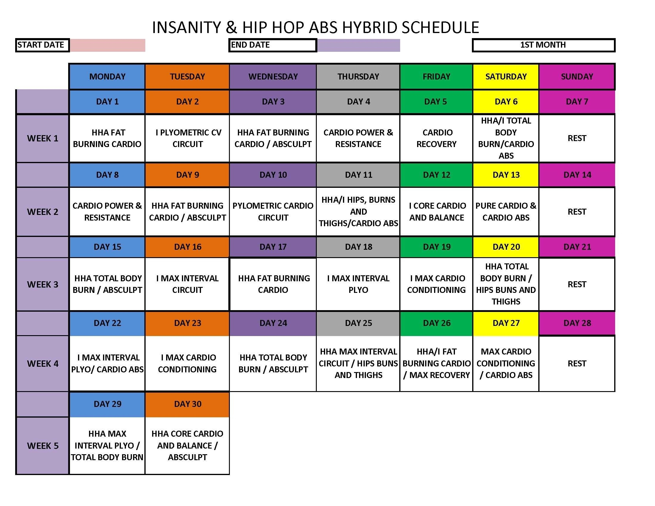 Insanity - Hip Hop Abs Hybrid Schedule | Insanity | Workout, Fitness intended for Hip Hop Abs Month 2 Calendar