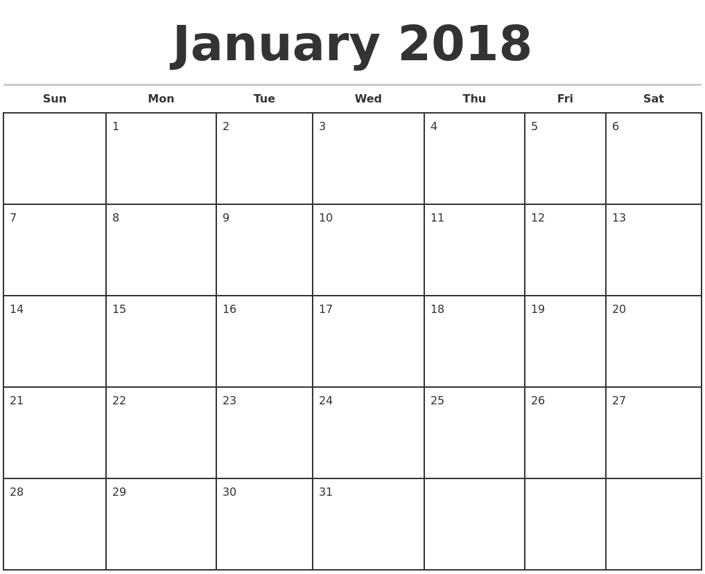 January 2018 Monthly Calendar Template | Planning | Monthly Calendar throughout Print Blank Calendar Month By Month