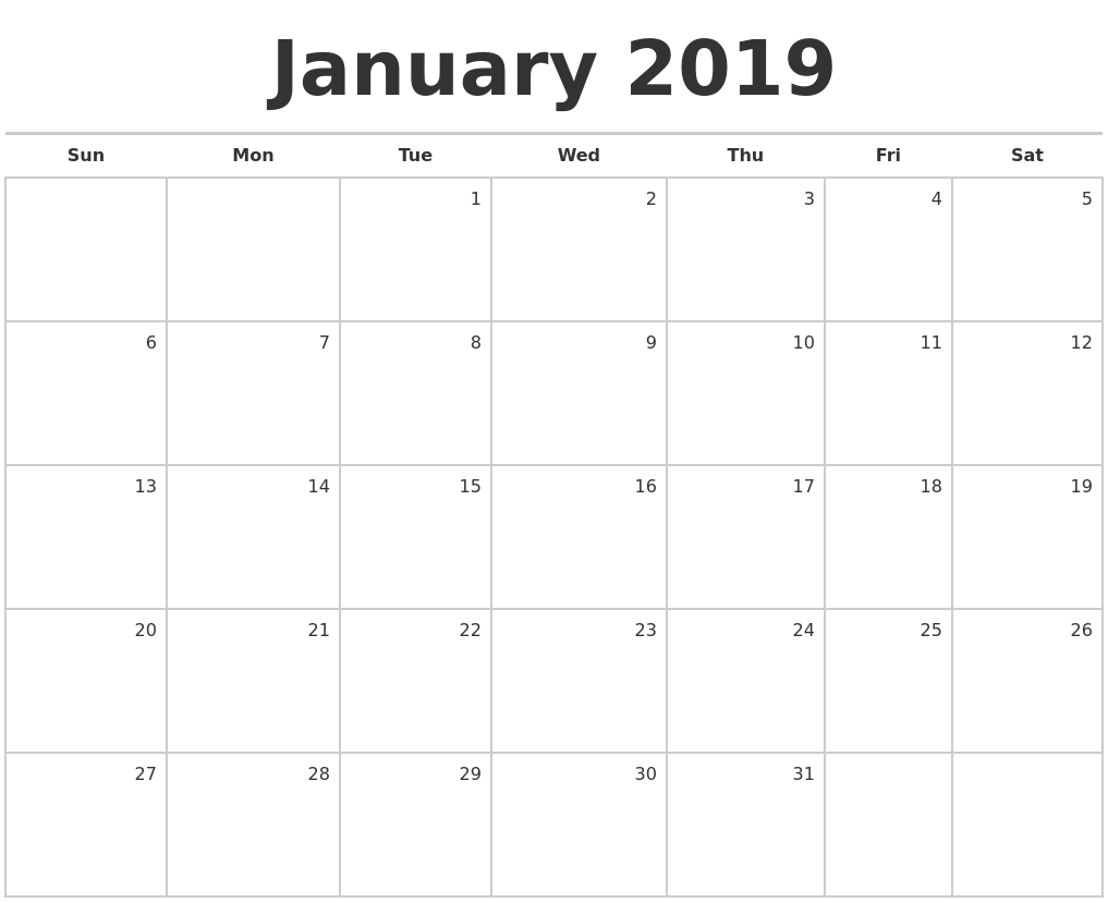 January 2019 Blank Monthly Calendar pertaining to Blank Monthly Calendar Monday Start