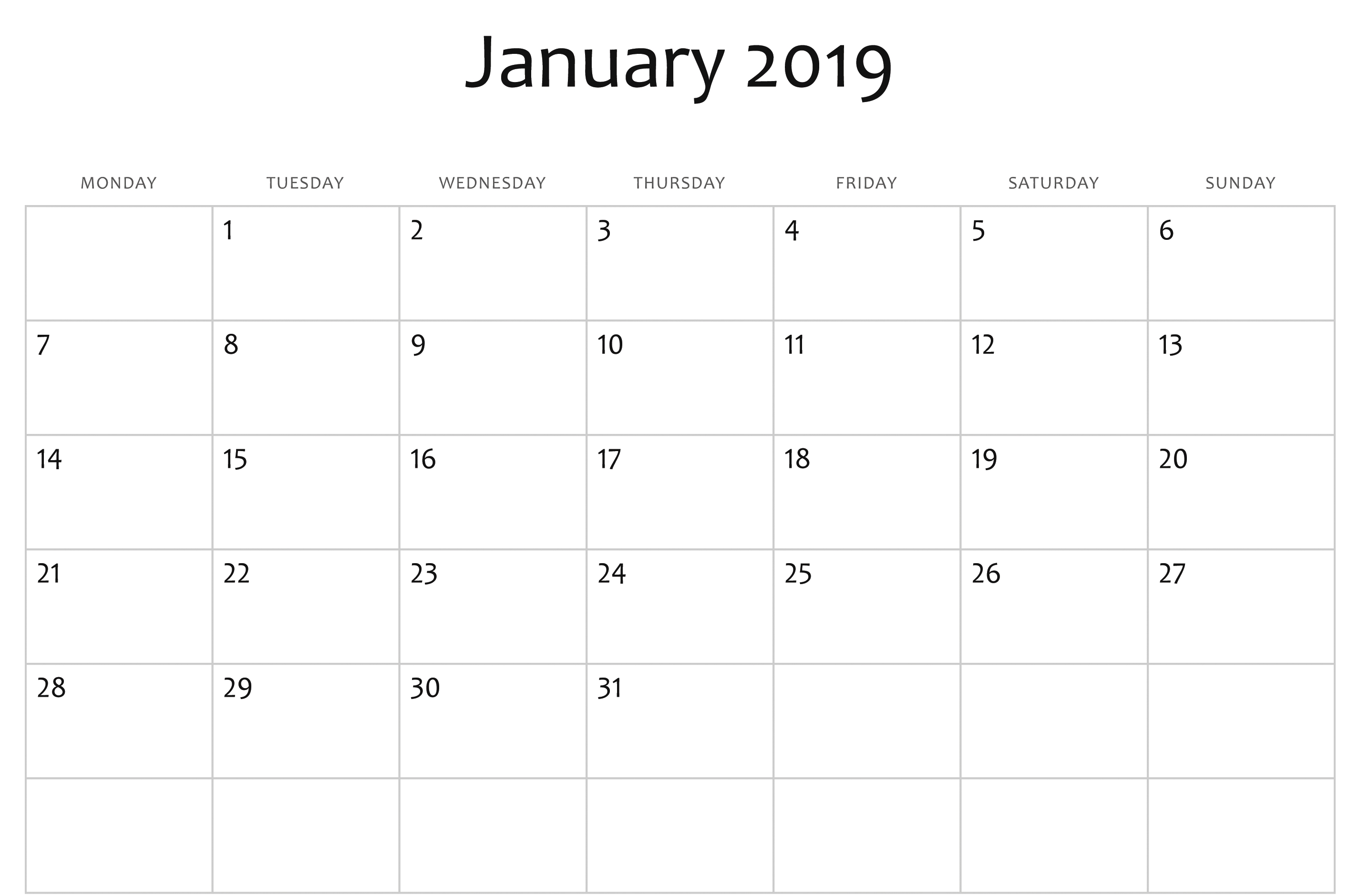 January 2019 Calendar A4 - Free March 2019 Calendar Printable regarding Calendar Blank Printable Monday Start A4