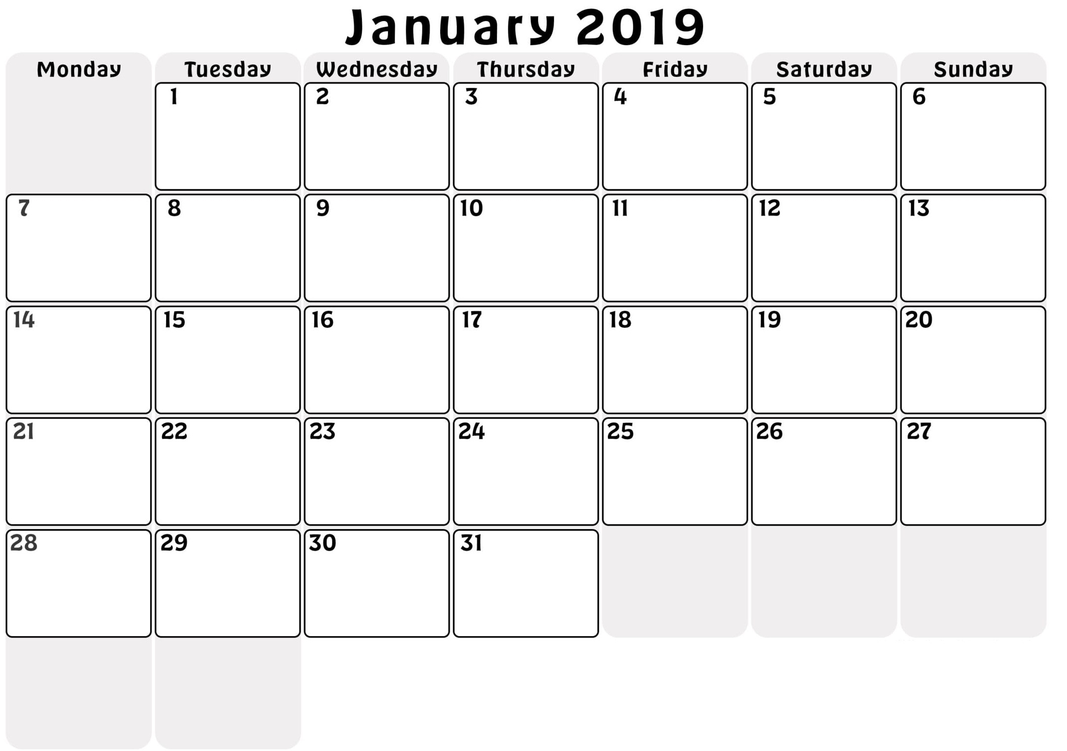 January 2019 Calendar Monthly Printable - Free March 2019 Calendar throughout A3 Blank Calendar Monthly Template