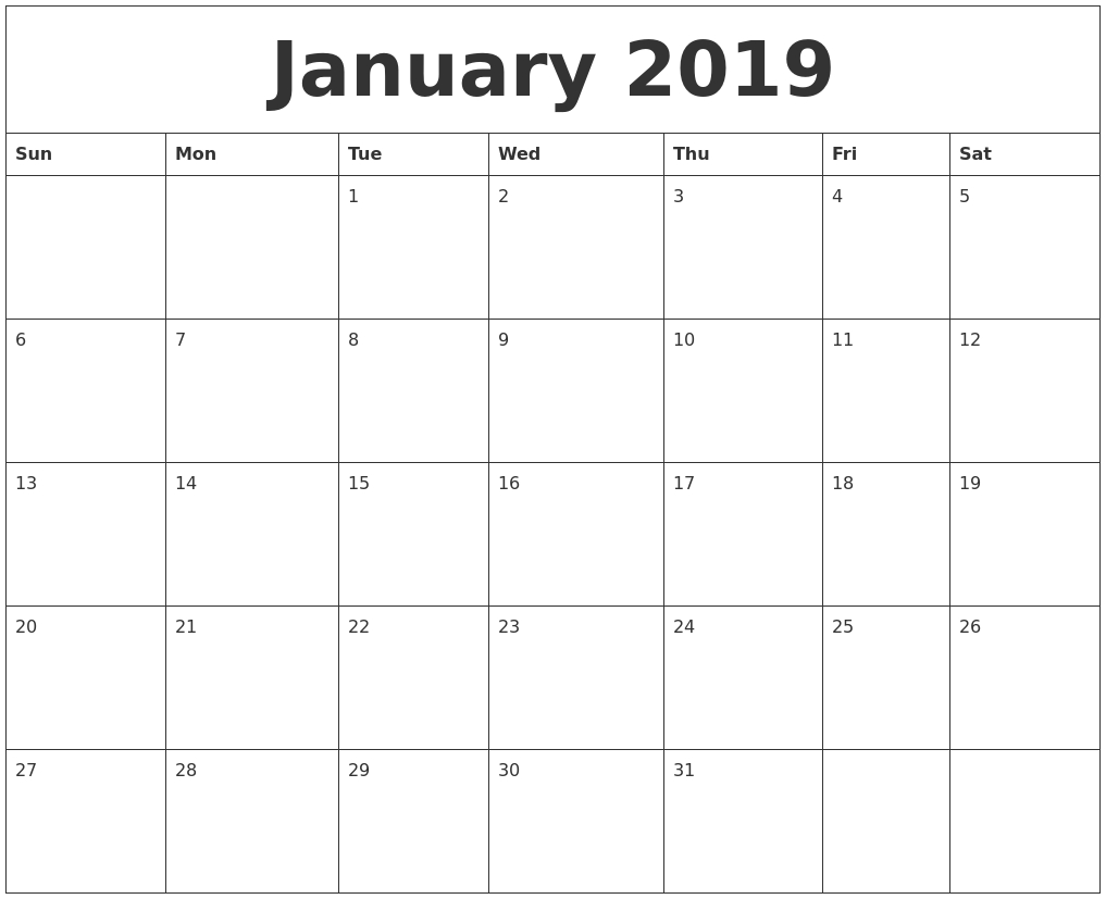 January 2019 Calendar regarding Picture Of A January Calender