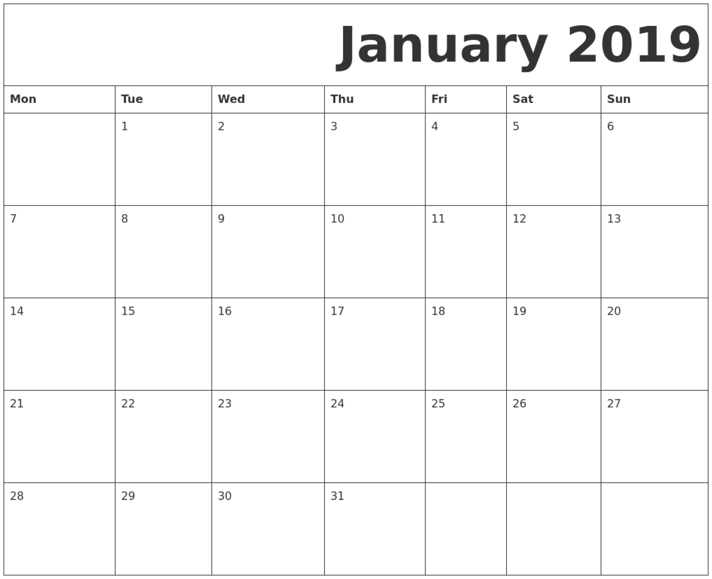 January 2019 Printable Calendar Monday Start. | January 2019 for Printable Monthly Blank Calendar Page