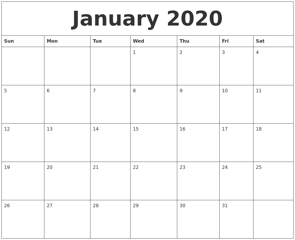 January 2020 Monthly Printable Calendar intended for Month By Month Prontable Calender