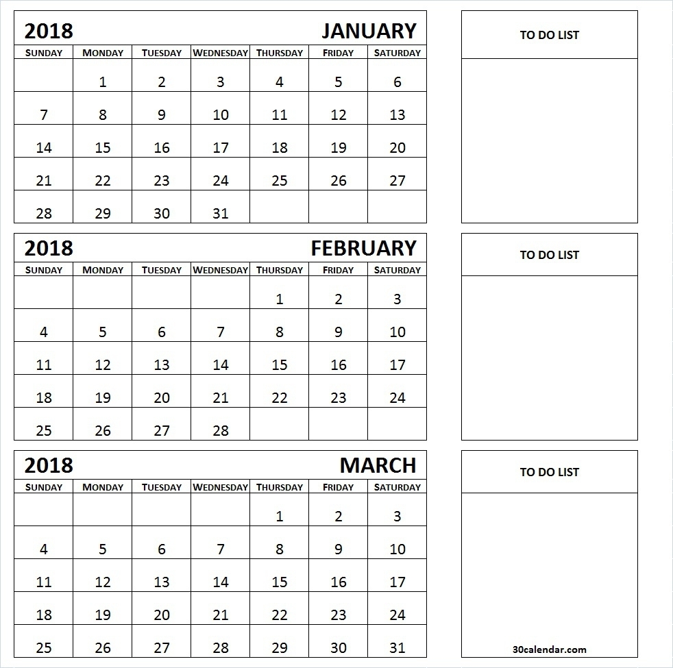 January To March 2018 Calendar Printable 3 Month Calendar Template regarding 3 Month Blank Calendar Template