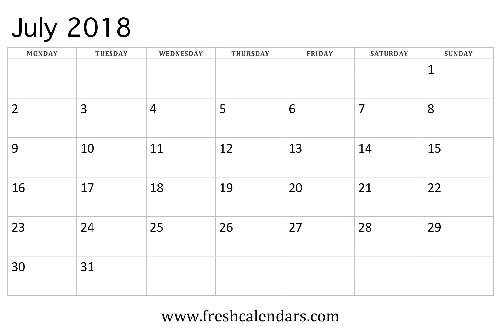 July 2018 Calendar Printable - Fresh Calendars intended for Month Calendar Beginning On Monday