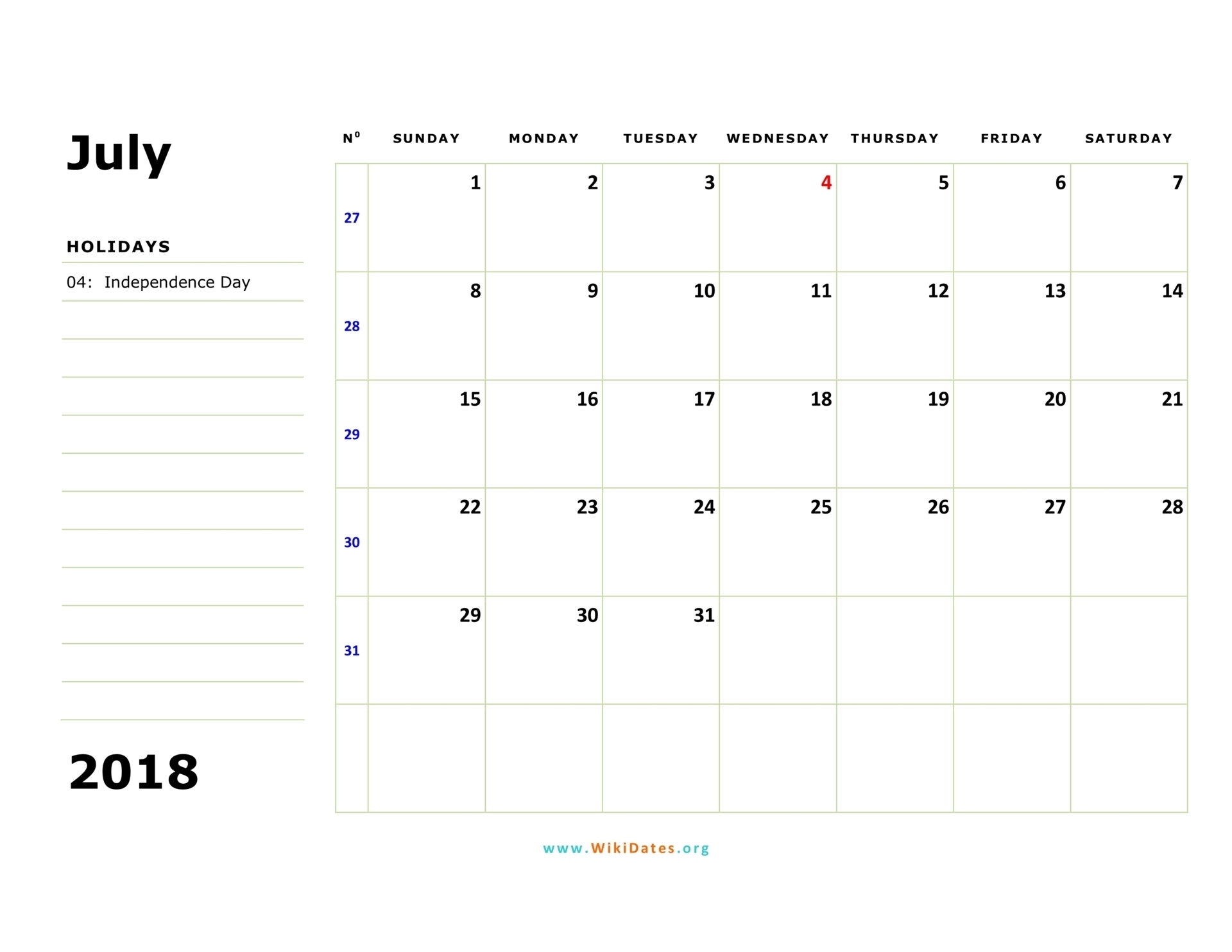 July 2018 Calendar | Wikidates with regard to July Calendar Monday To Sunday